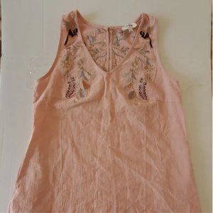 Embroidered Sleeveless V neck Sz M Pink Peach Tunic Dress with side pocket
